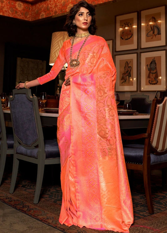 Orange and Rouge Pink Two Tone Kanjivaram Silk Saree