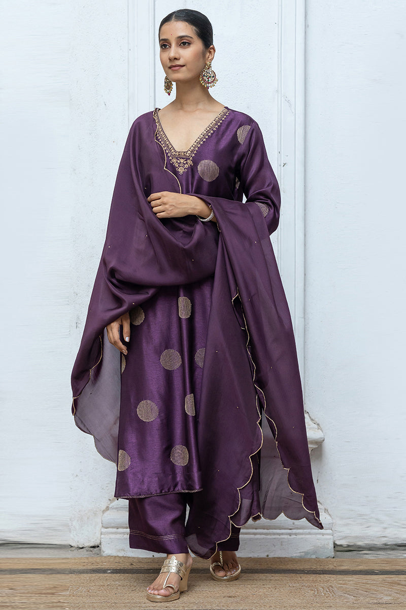 Deep Purple Golden Embroidered Raw Silk Salwar Suit With Silk Organza Dupatta