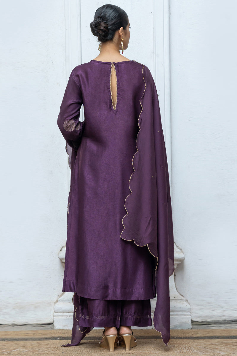 Deep Purple Golden Embroidered Raw Silk Salwar Suit With Silk Organza Dupatta