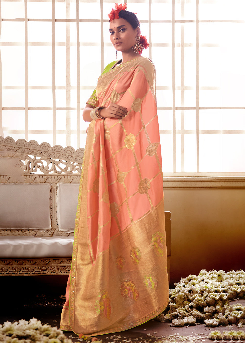 Peach Pink Woven Dola Silk Saree with Contrast Embroidered Border