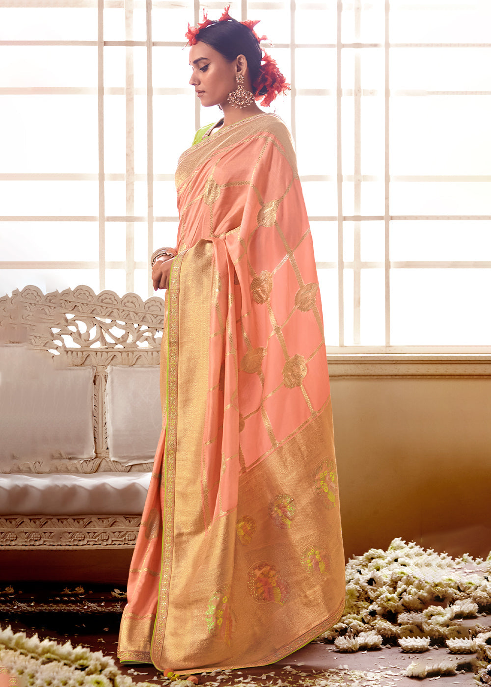 Peach Pink Woven Dola Silk Saree with Contrast Embroidered Border