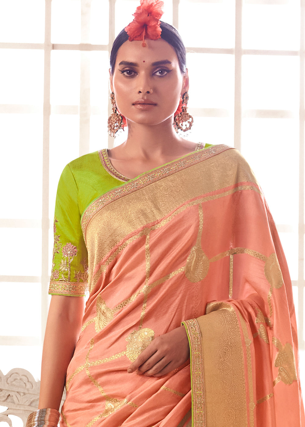 Peach Pink Woven Dola Silk Saree with Contrast Embroidered Border