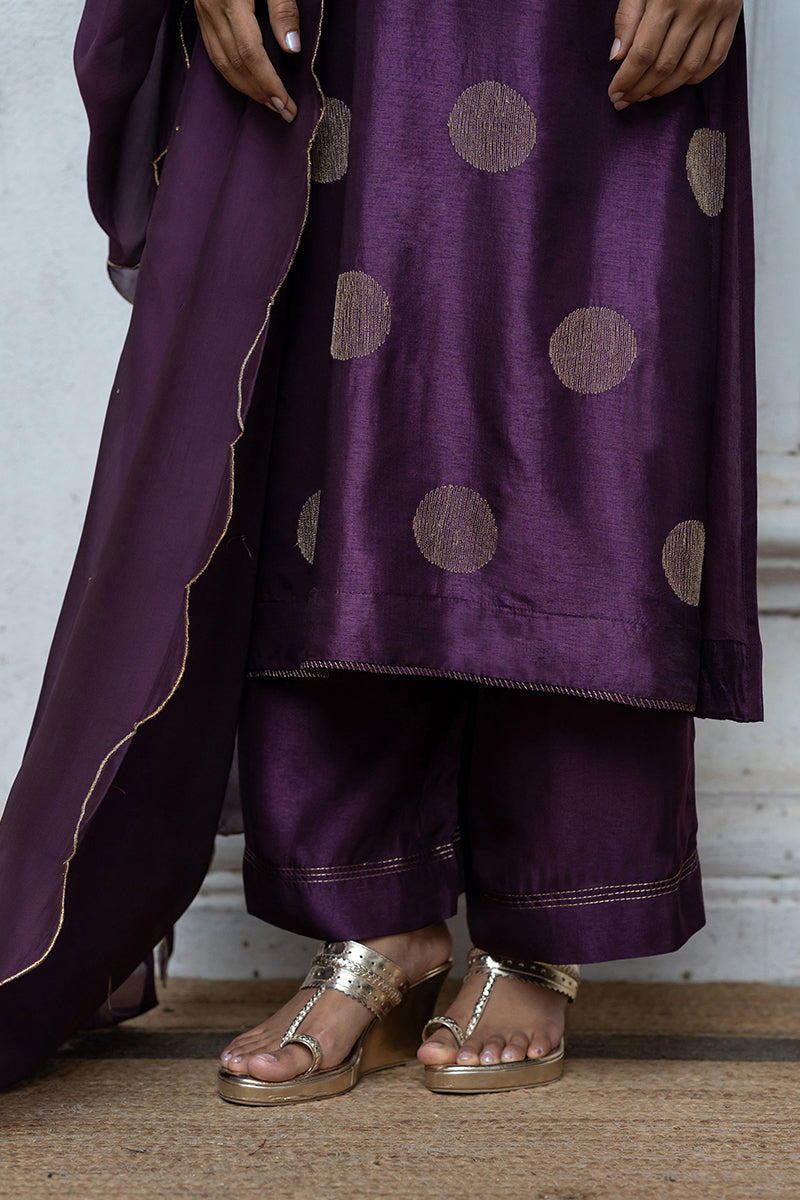 Deep Purple Golden Embroidered Raw Silk Salwar Suit With Silk Organza Dupatta