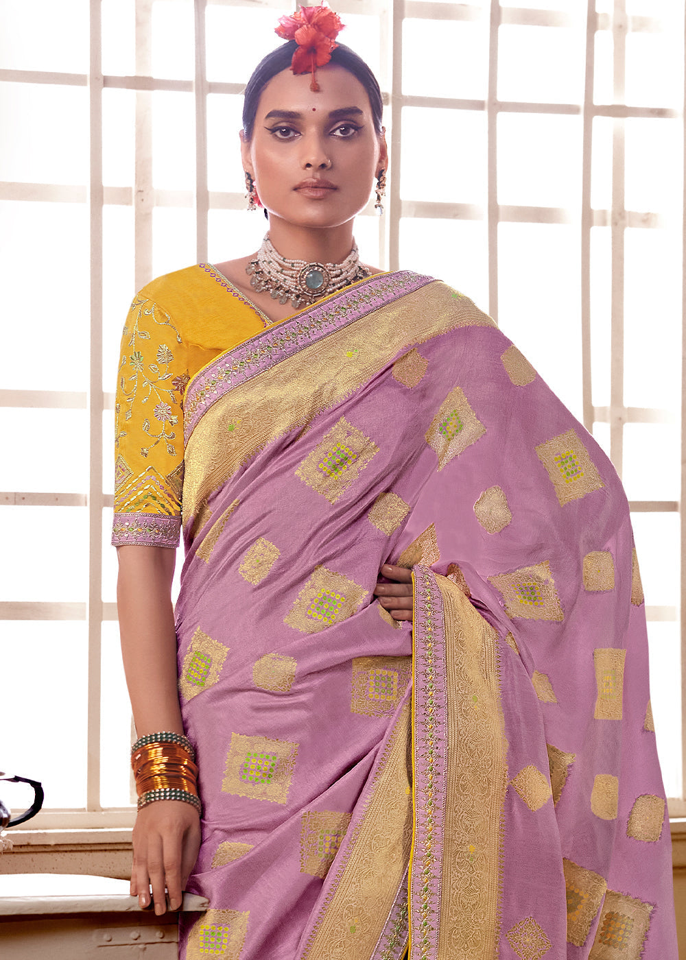 Lilac Purple Woven Dola Silk Saree with Contrast Embroidered Border