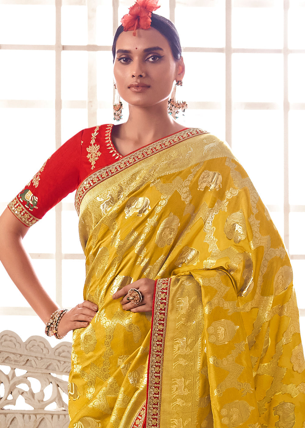 Canary Yellow Woven Dola Silk Saree with Contrast Embroidered Border