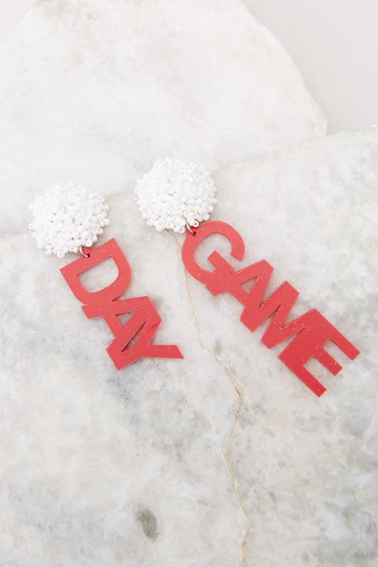 Game Day White And Red Beaded Earrings