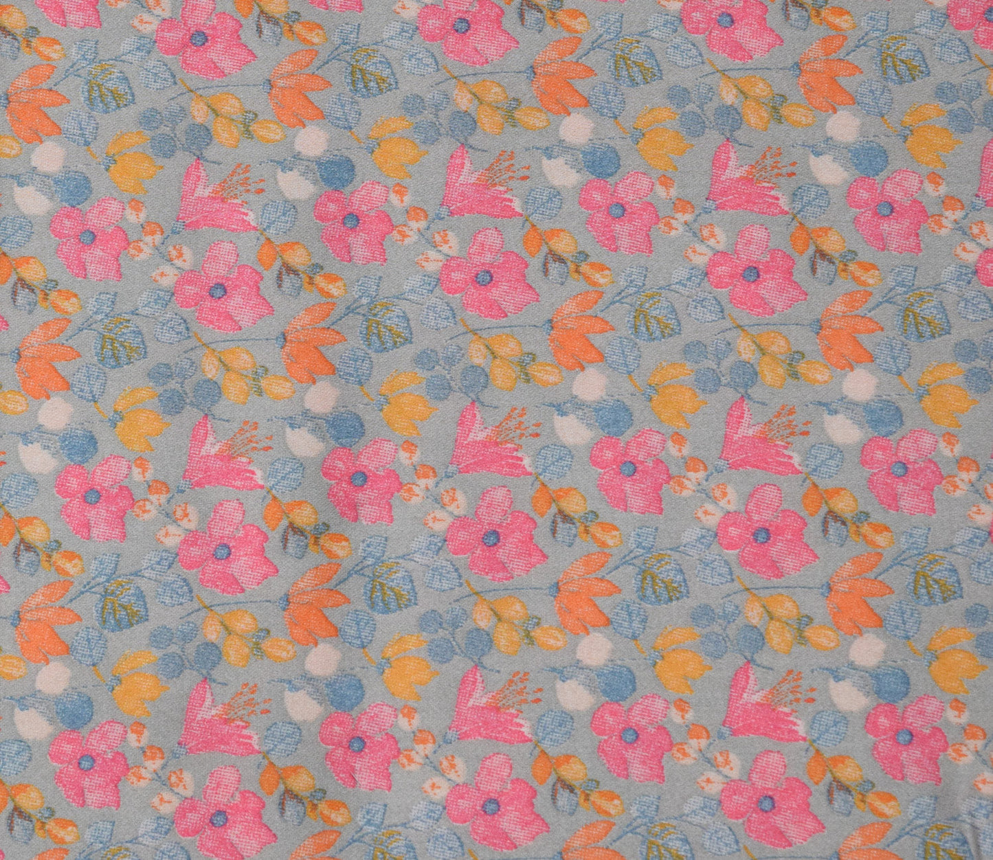 Floral Pattern Screen Printed Cotton Satin Fabric Available in Blue , Yellow, Peach and Grey