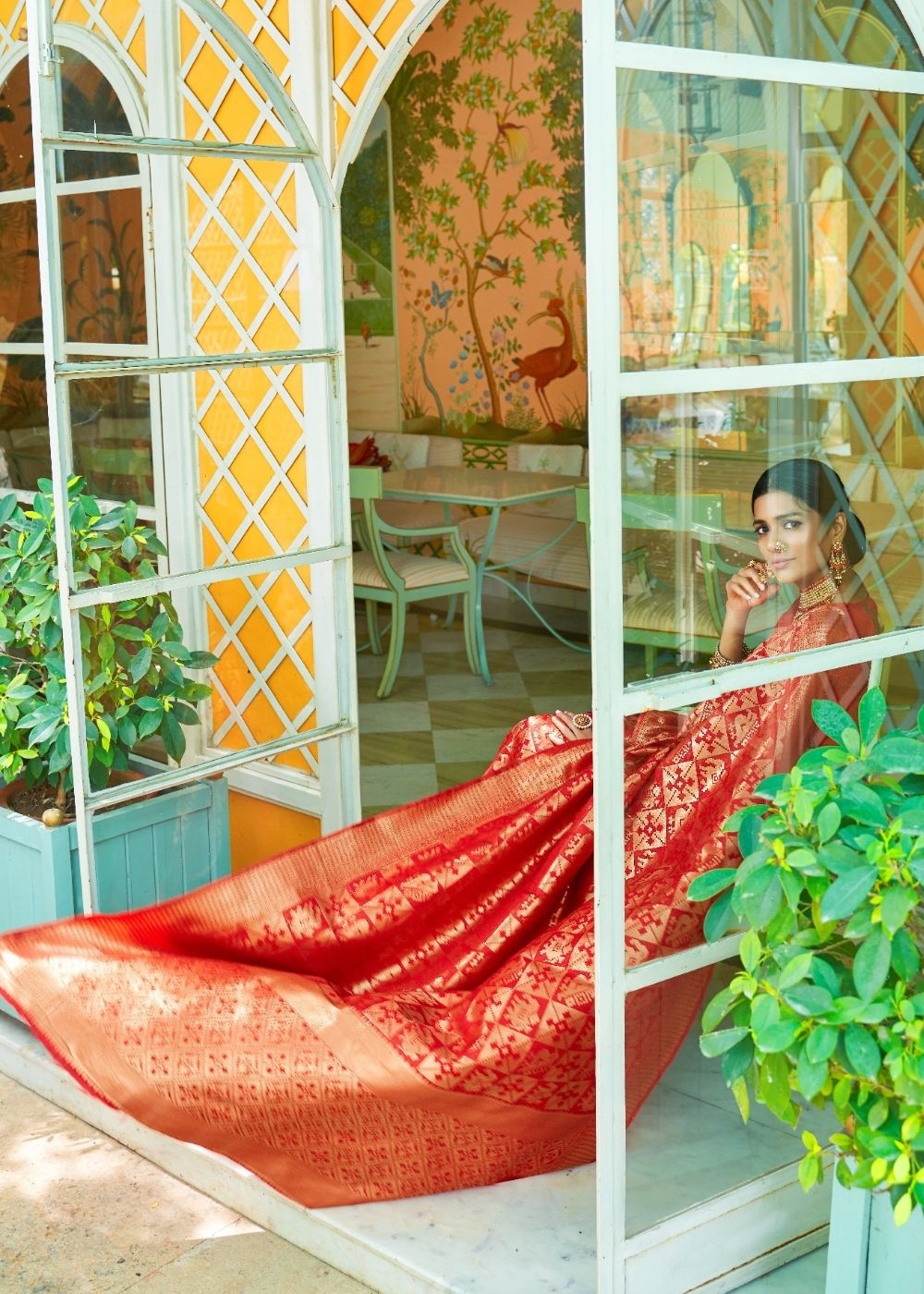 Cherry Red Woven Banarasi Brocade Silk Saree