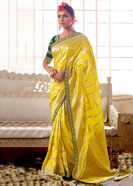 Butter Yellow Woven Dola Silk Saree with Contrast Embroidered Border