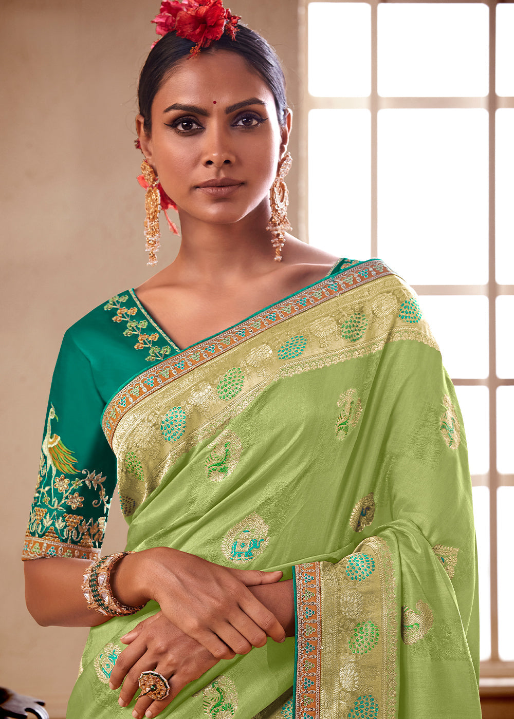 Light Green Woven Dola Silk Saree with Contrast Embroidered Border