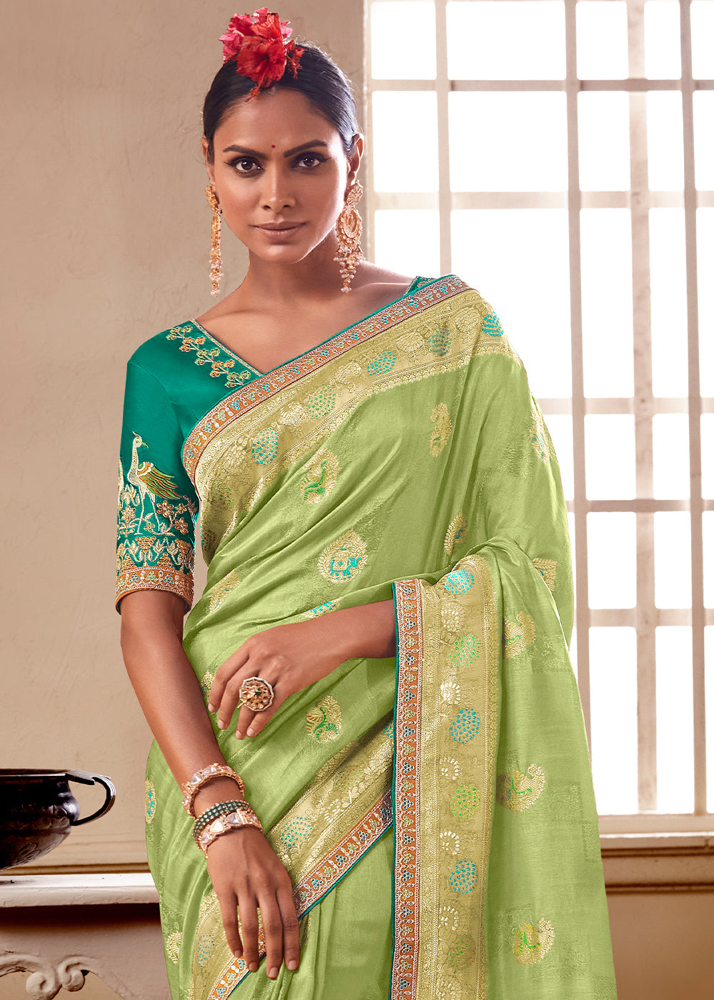 Light Green Woven Dola Silk Saree with Contrast Embroidered Border