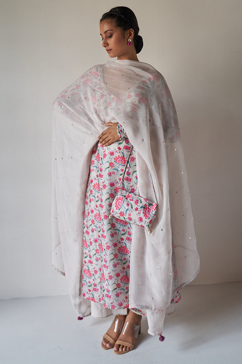 Ivory and Pink Chintz Printed Moonga Silk Kurta with Organza Dupatta with Tassels and Golden Foil