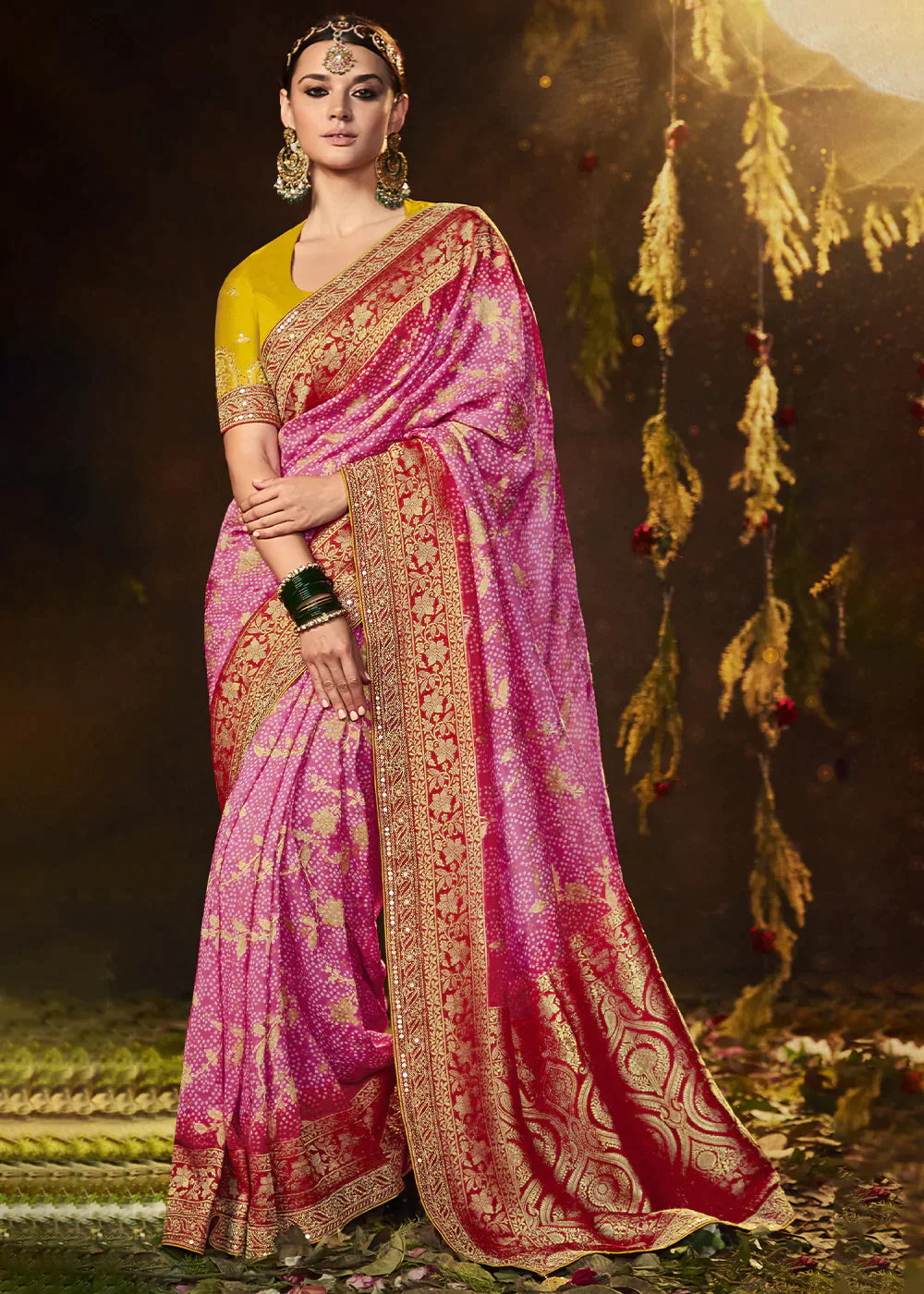 Taffy Pink Zari Weaving Georgette Silk Saree with Embroidery Designer Blouse