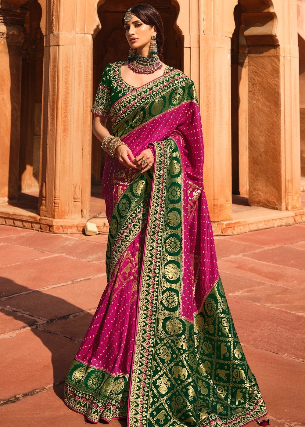 Pink & Green Woven Dola Silk Saree Having Khatli work on Border & Blouse