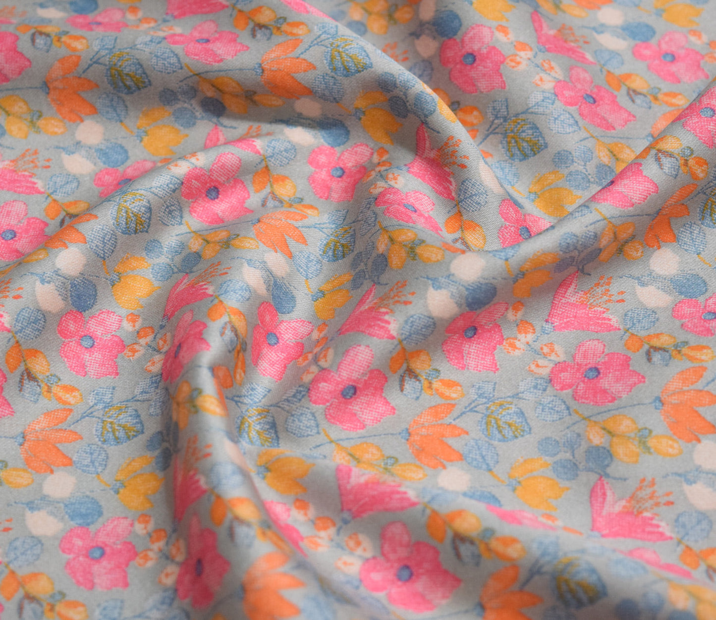 Floral Pattern Screen Printed Cotton Satin Fabric Available in Blue , Yellow, Peach and Grey