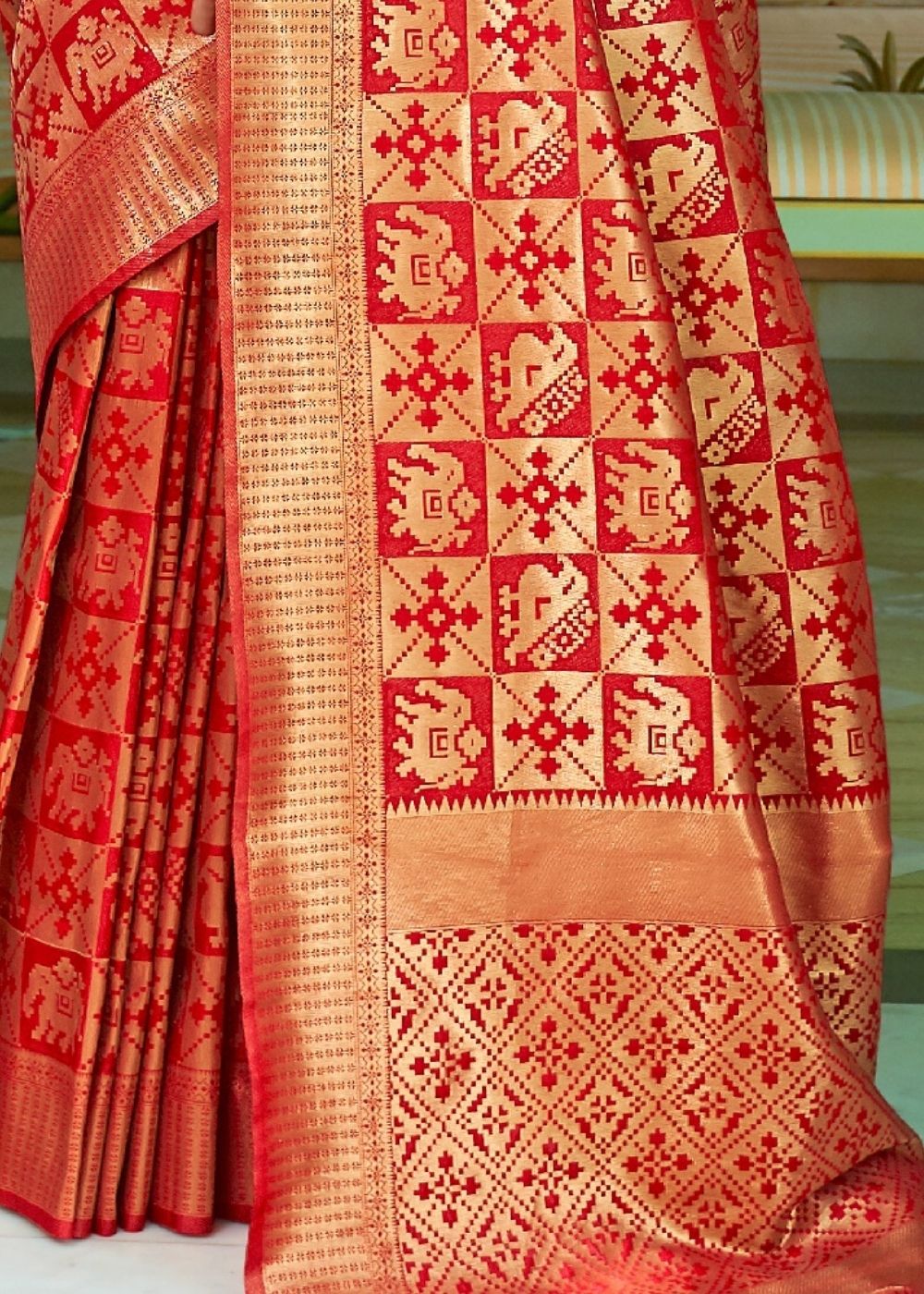 Cherry Red Woven Banarasi Brocade Silk Saree