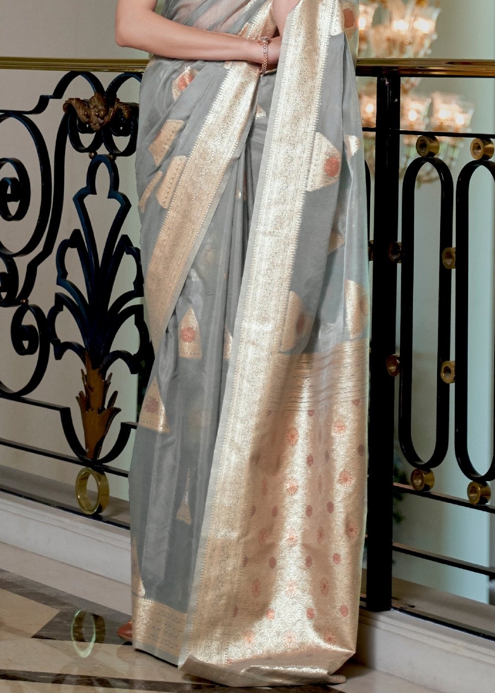 Seal Grey Banarasi-Chanderi Fusion Woven Silk Saree