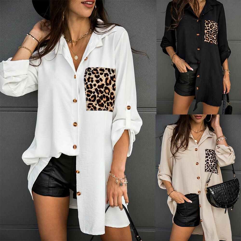 Leopard Print Pocket Stitching Rolled Sleeve Shirt