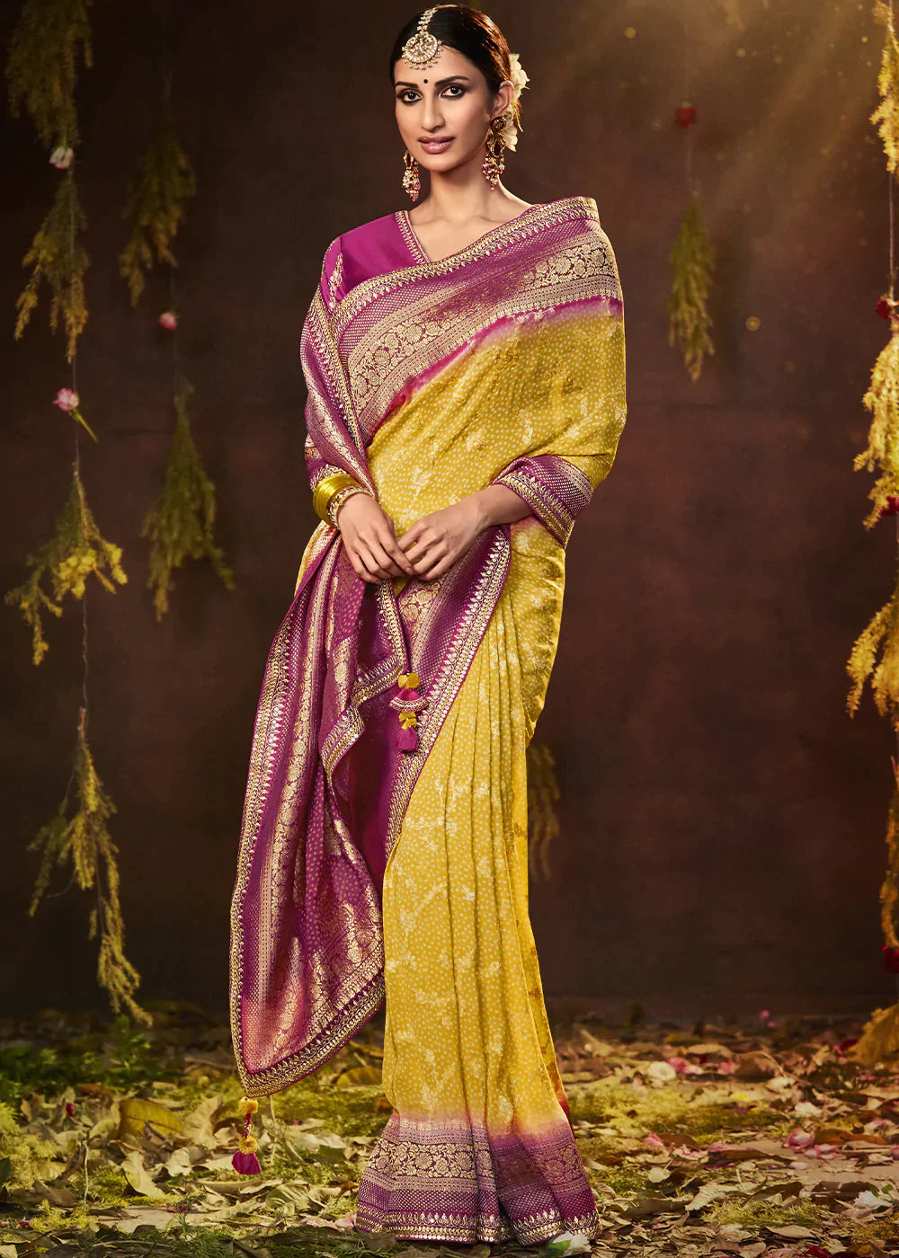 Aureolin Yellow Zari Weaving Georgette Silk Saree with Embroidery Designer Blouse