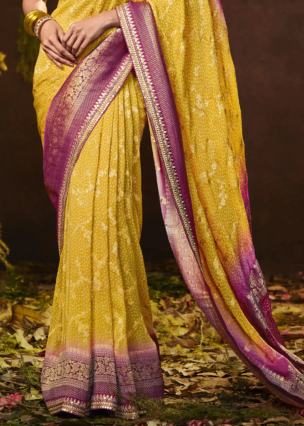 Aureolin Yellow Zari Weaving Georgette Silk Saree with Embroidery Designer Blouse