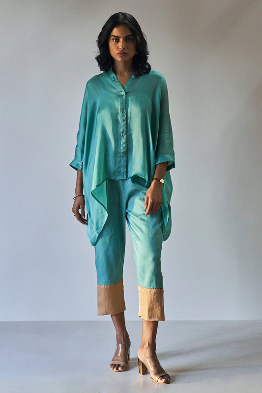 Dusty Sea Blue Organza Satin Shirt With Cotton Satin Bottom