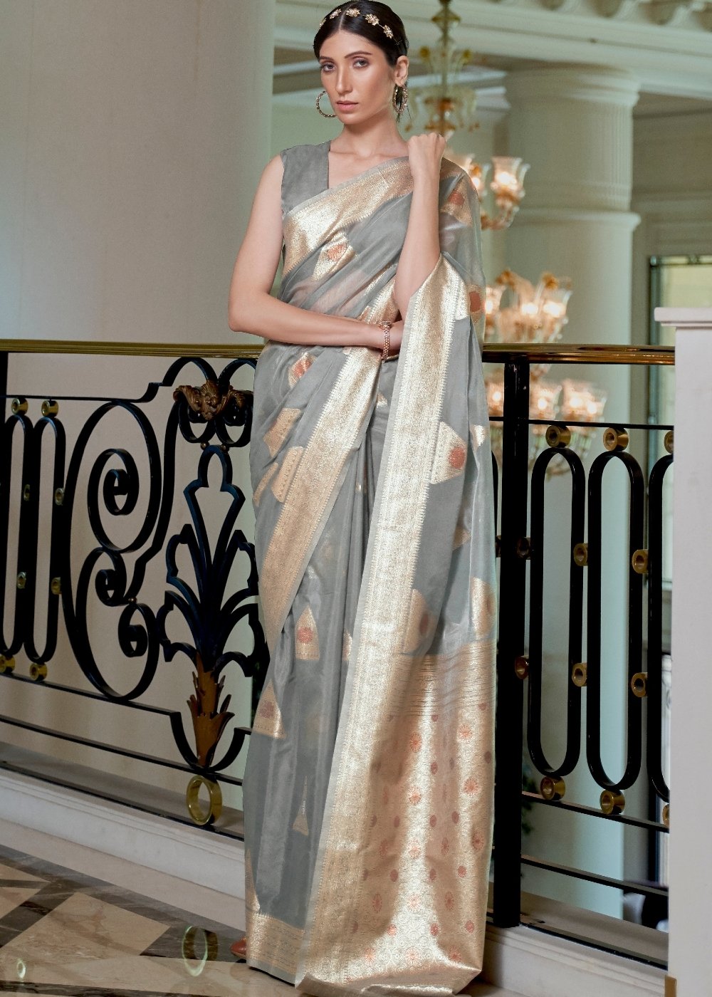 Seal Grey Banarasi-Chanderi Fusion Woven Silk Saree