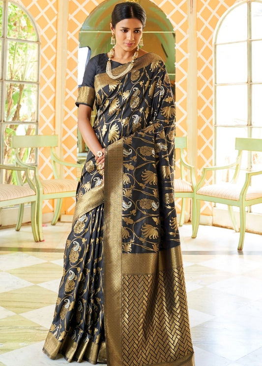 Soot Black Woven Banarasi Brocade Silk Saree