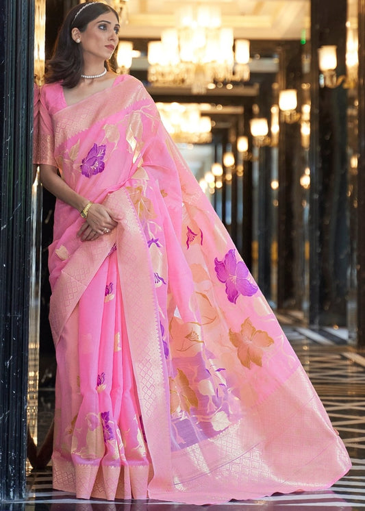 Vivid Pink Zari Woven Linen Silk Saree