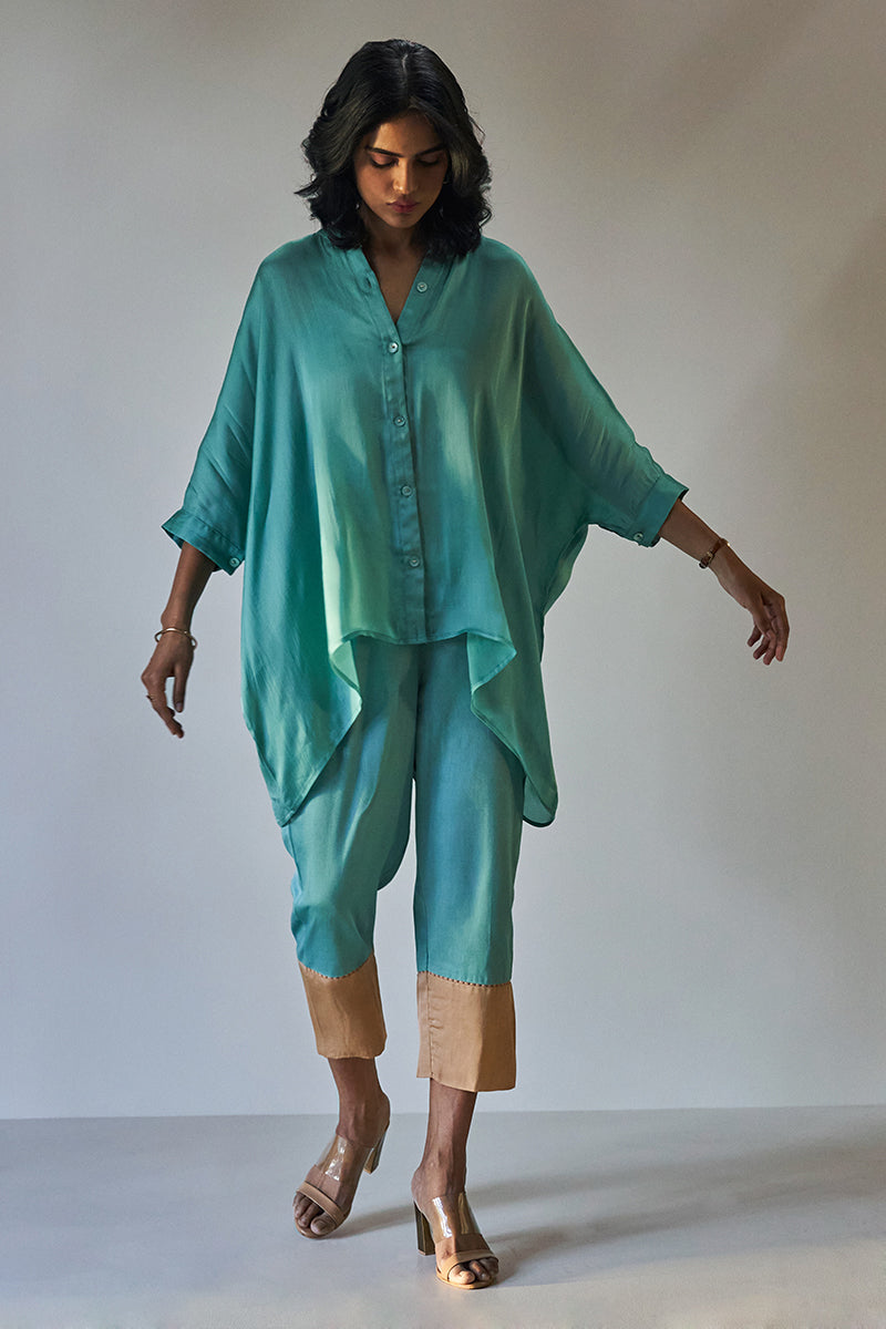 Dusty Sea Blue Organza Satin Shirt With Cotton Satin Bottom