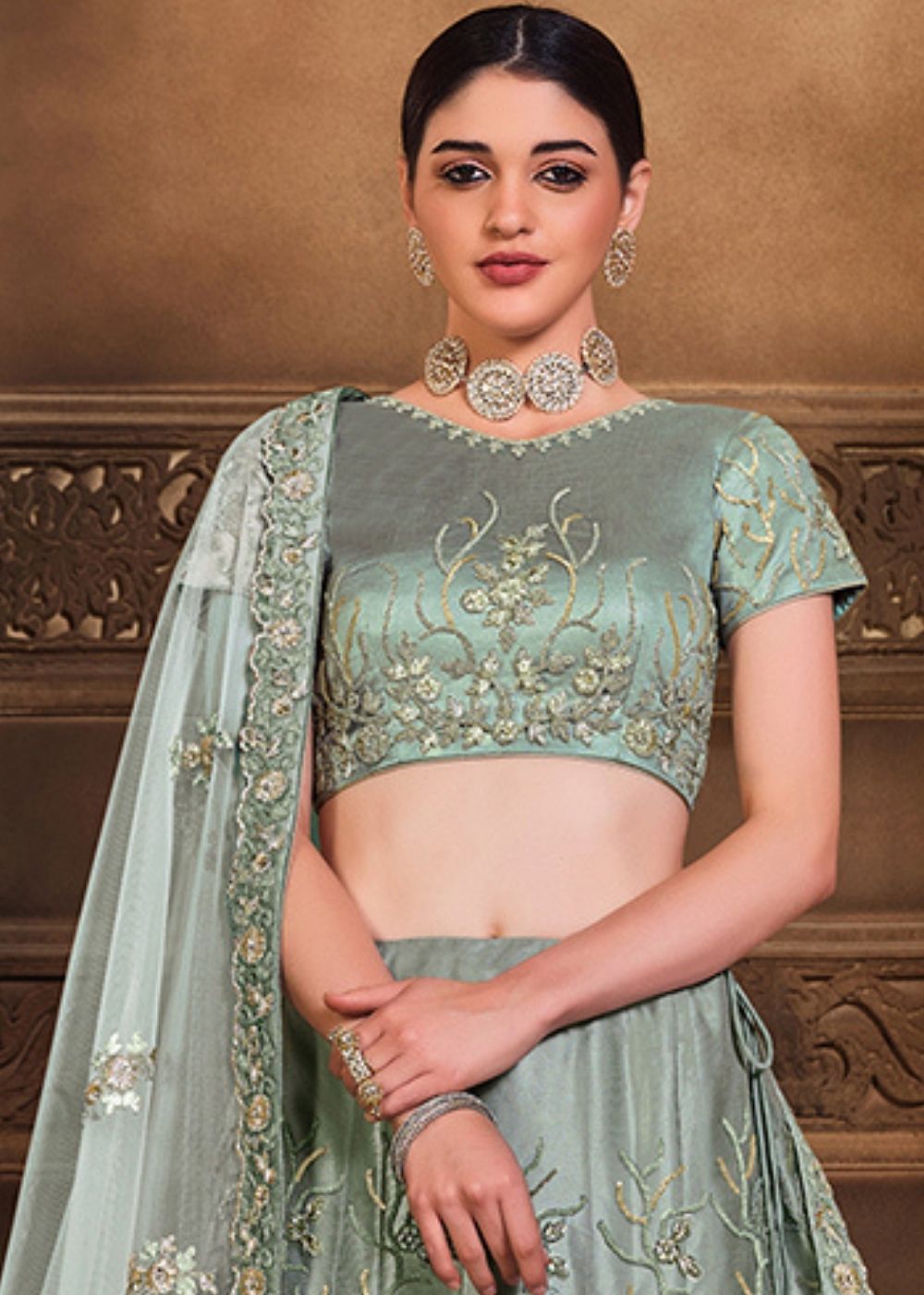 Pewter Grey Satin Silk & Net Lehenga Choli with Sequins, Resham & Swarvoski work: Top Pick