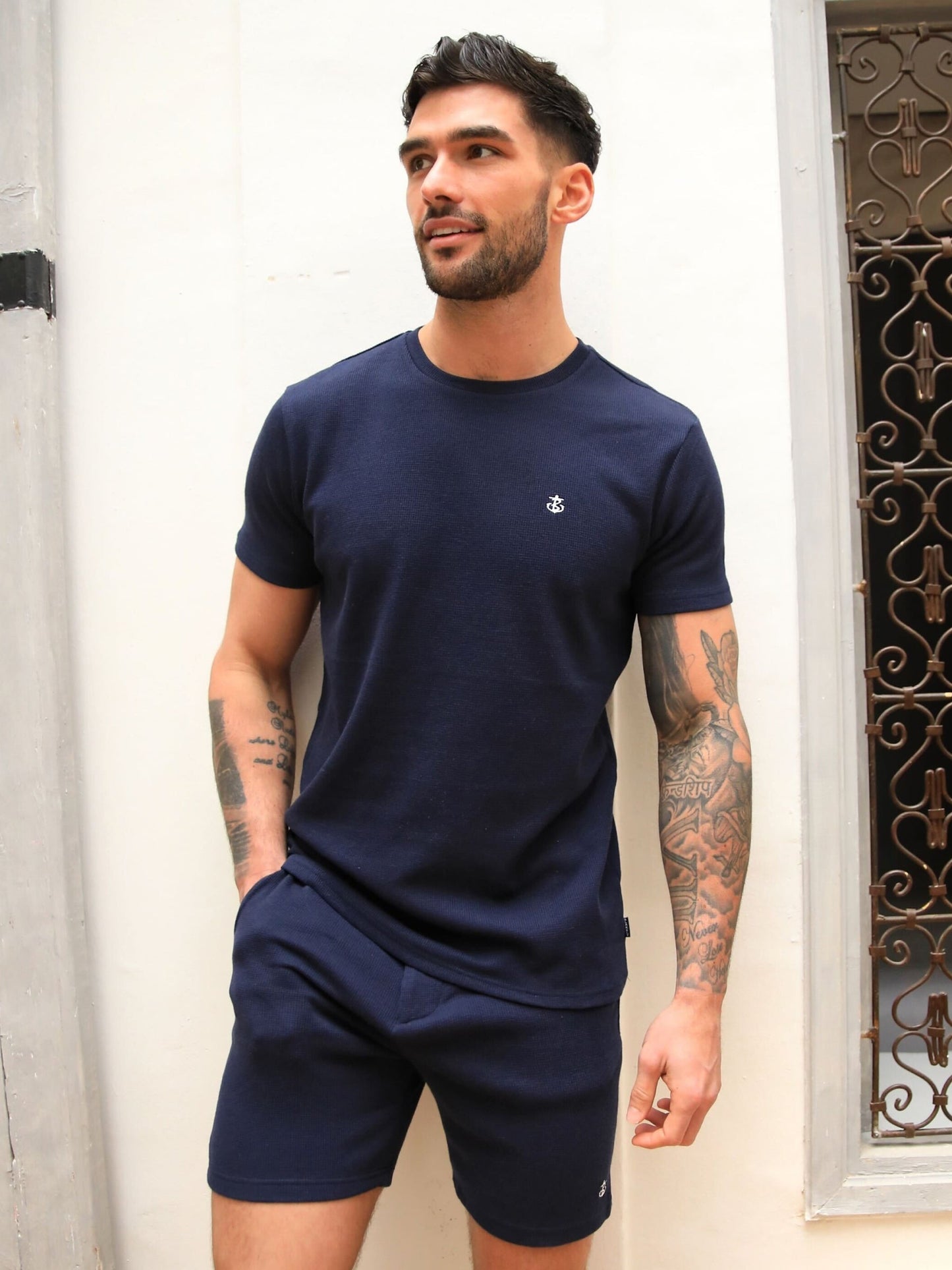 Safi Textured Fitted T-Shirt - Navy