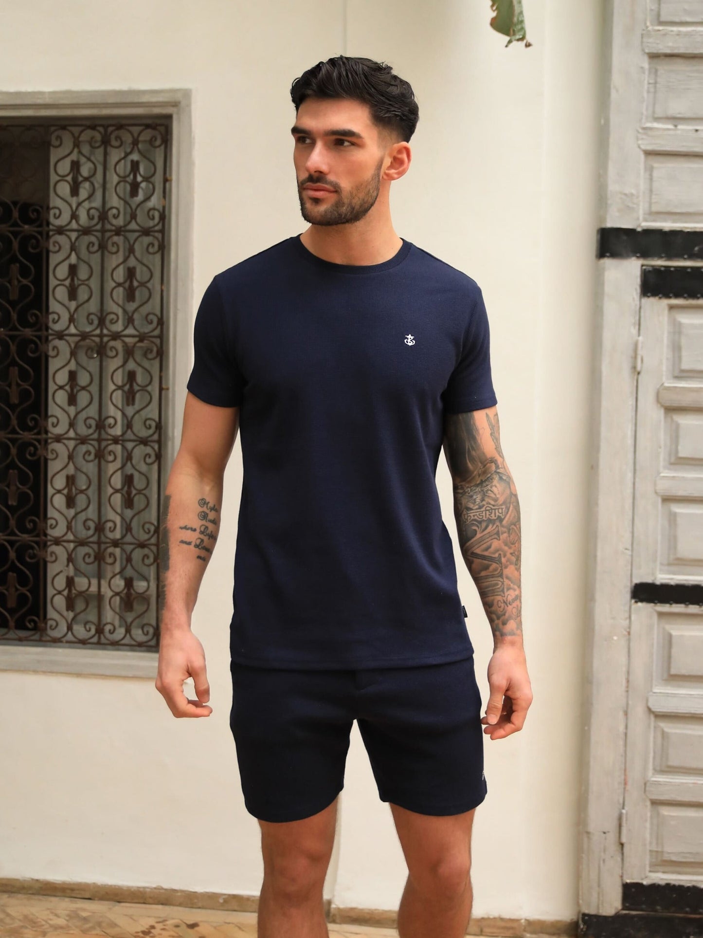 Safi Textured Fitted T-Shirt - Navy