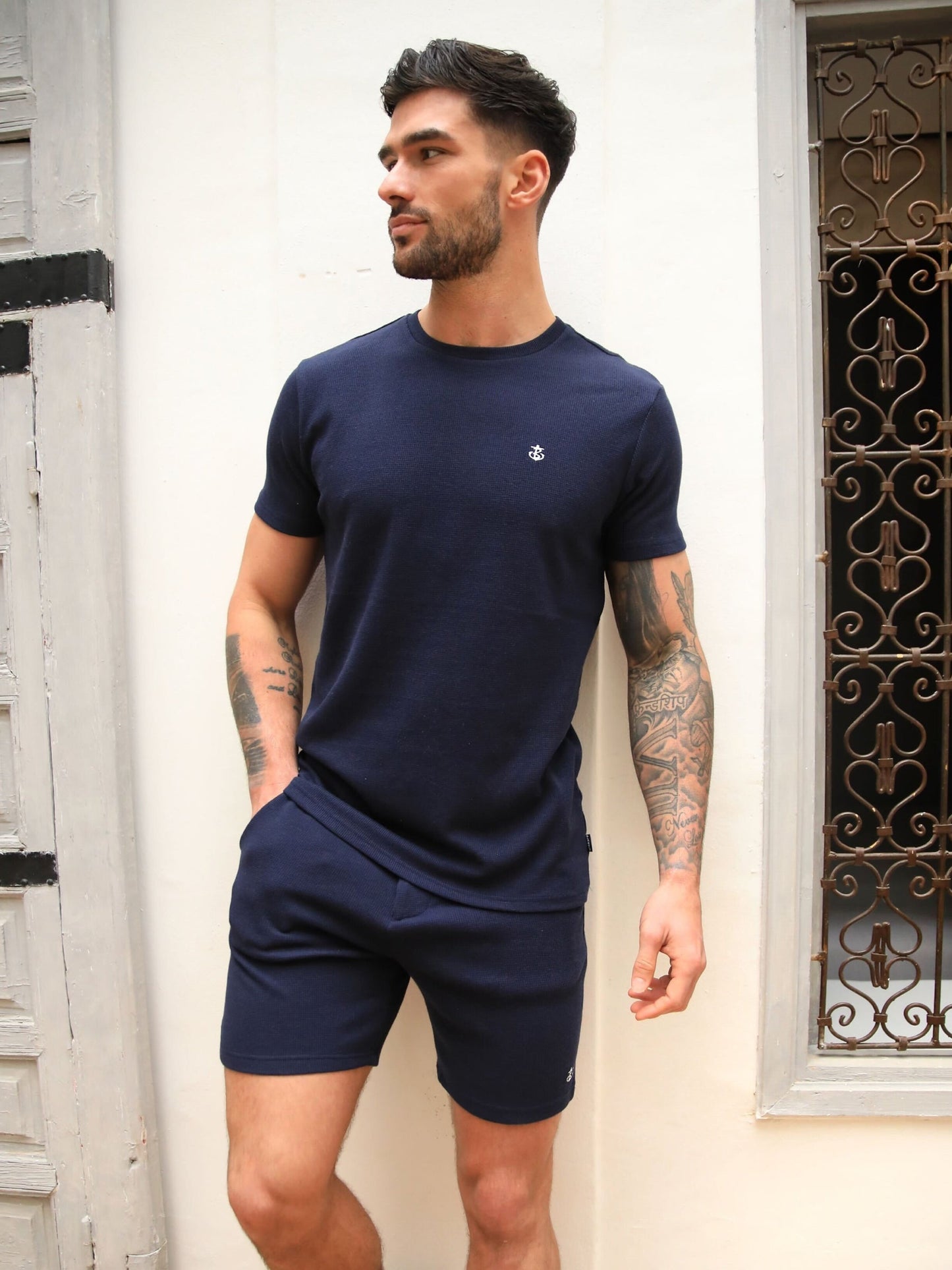 Safi Textured Fitted T-Shirt - Navy