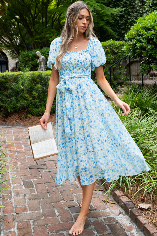 Grow Freely Blue Floral Print Midi Dress
