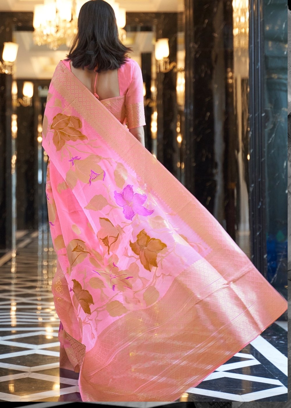 Vivid Pink Zari Woven Linen Silk Saree