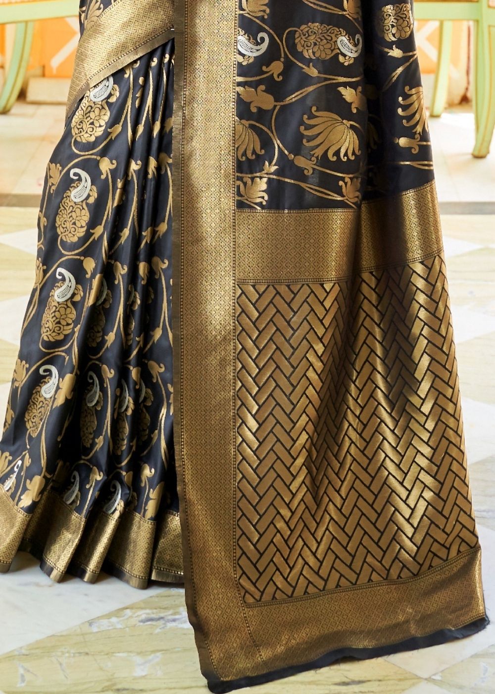 Soot Black Woven Banarasi Brocade Silk Saree