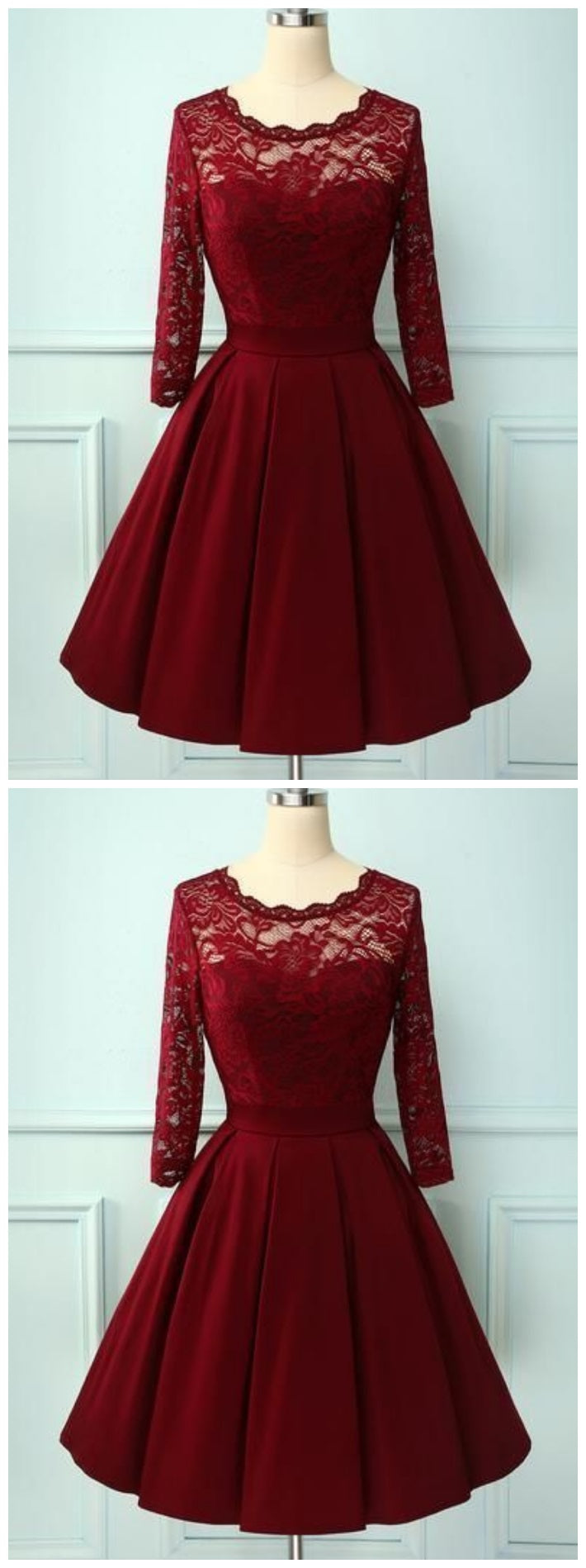 1950s Burgundy Lace Short Prom Dress with Sleeves,21121308