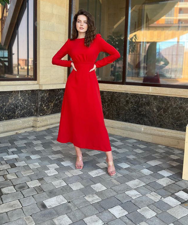 Gloria Red Tucked in Elastic Maxi Dress