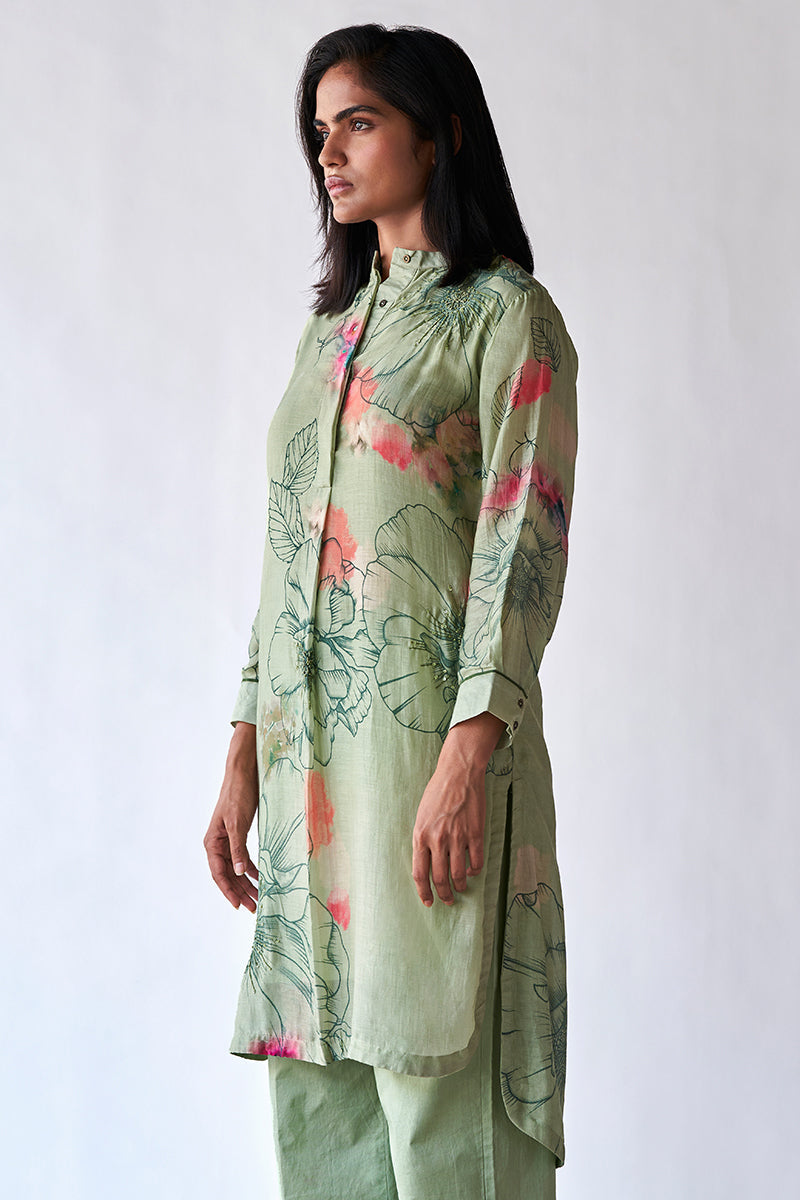 Pistachio Floral Printed Bemberg Silk Co-ord Set