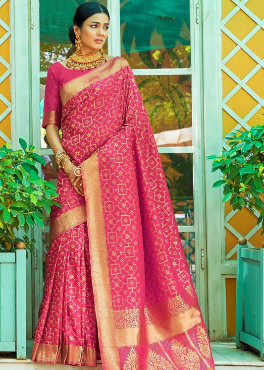 Ruby Pink Woven Banarasi Brocade Silk Saree