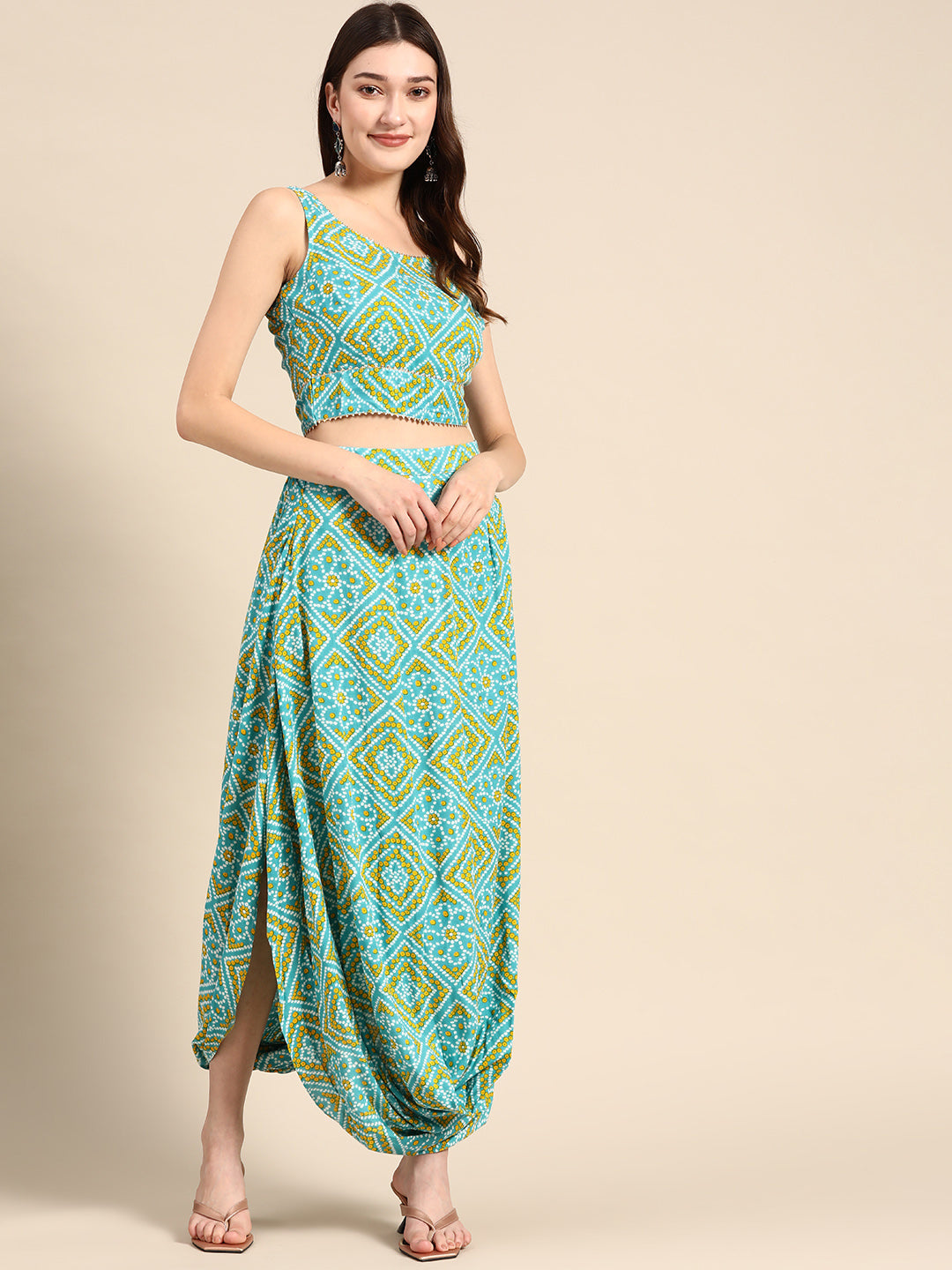 Crop top with cowl dhoti skirt