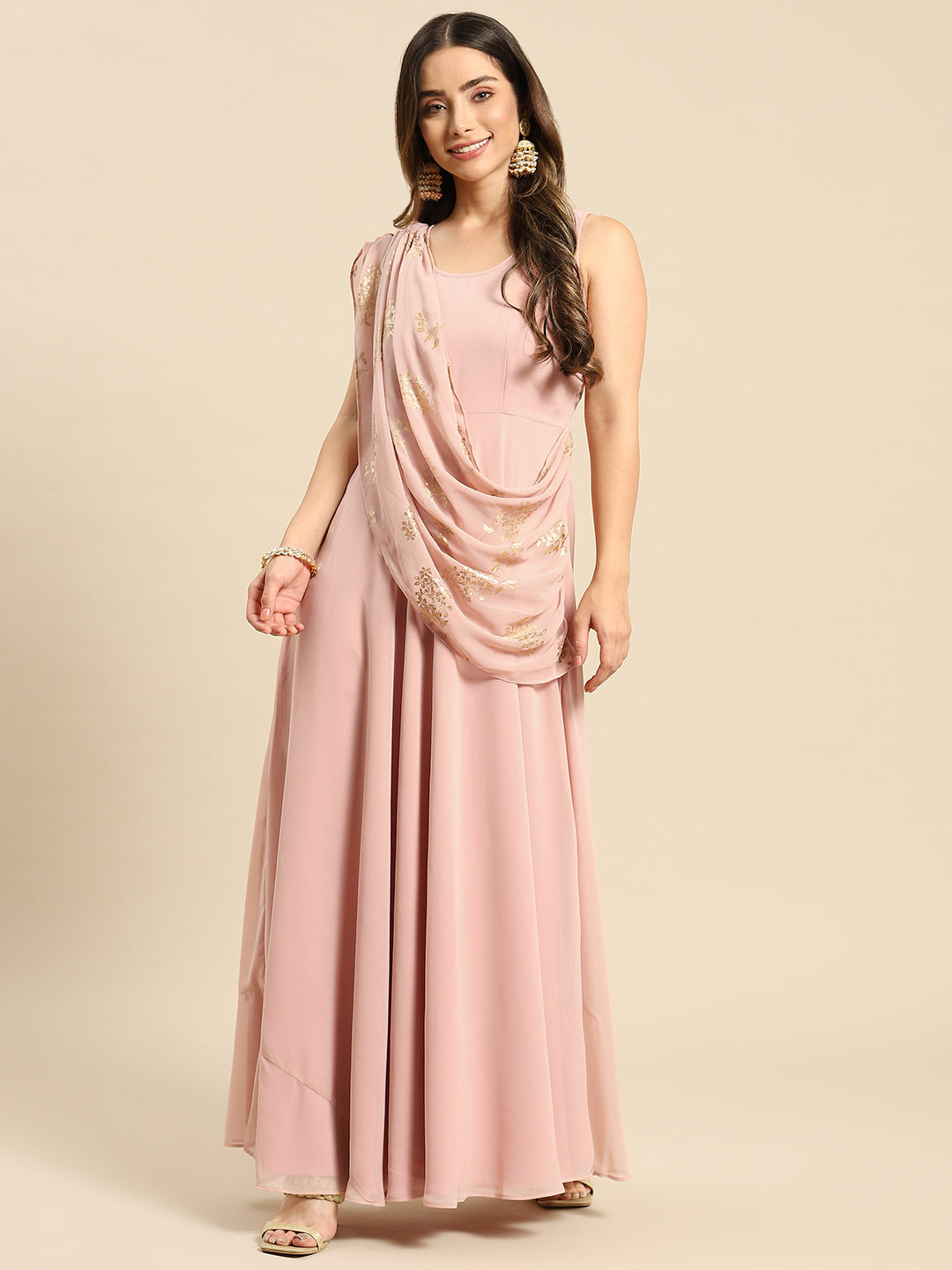 Long flare dress with dupatta drape