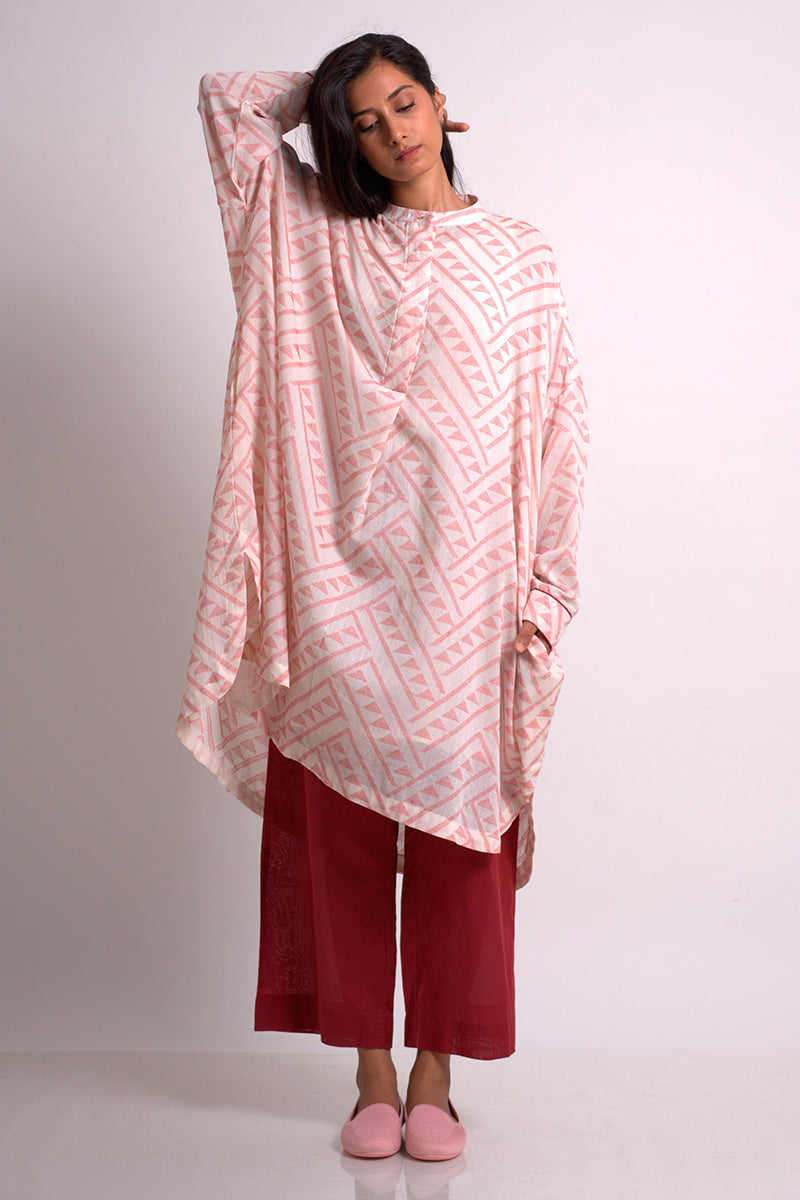 Maroon and Off White Woven Loose Fit Kurta With Cotton Satin Bottom