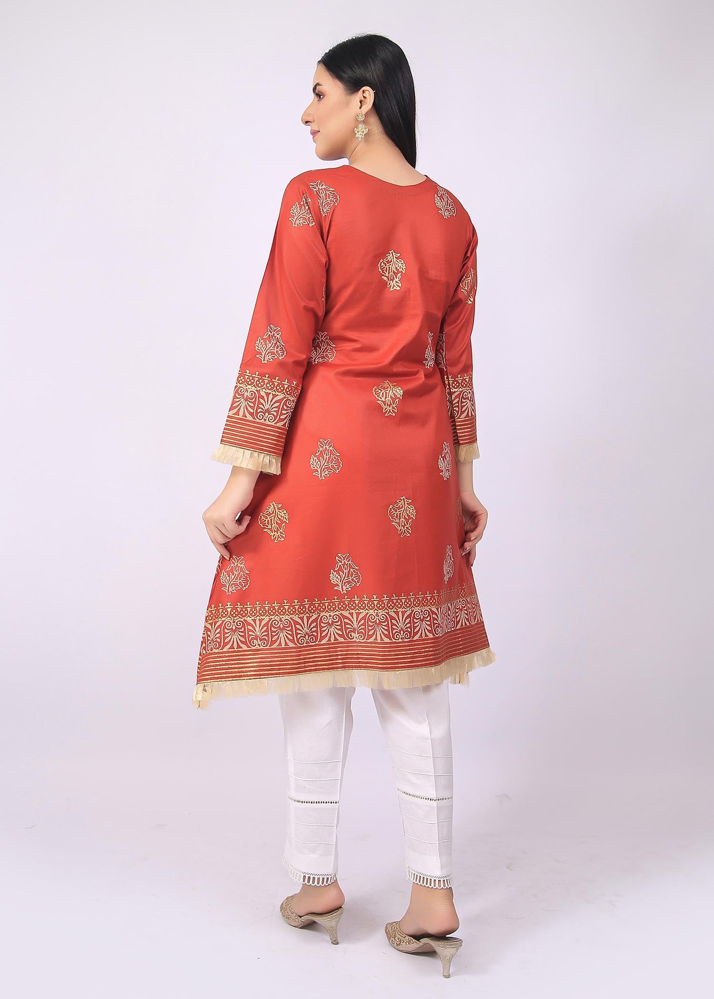 FashionPorters - Unstitched 3 Piece Block Printed Cotton Lawn Bright Orange Suit