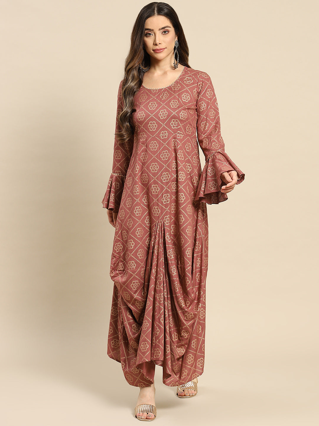 Bell Sleeve Long dress with front drape