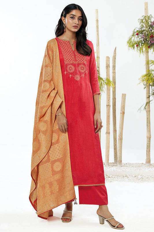 Bemberg Moonga Silk Embroidered Top With Viscose Georgette Jacquard Dupatta