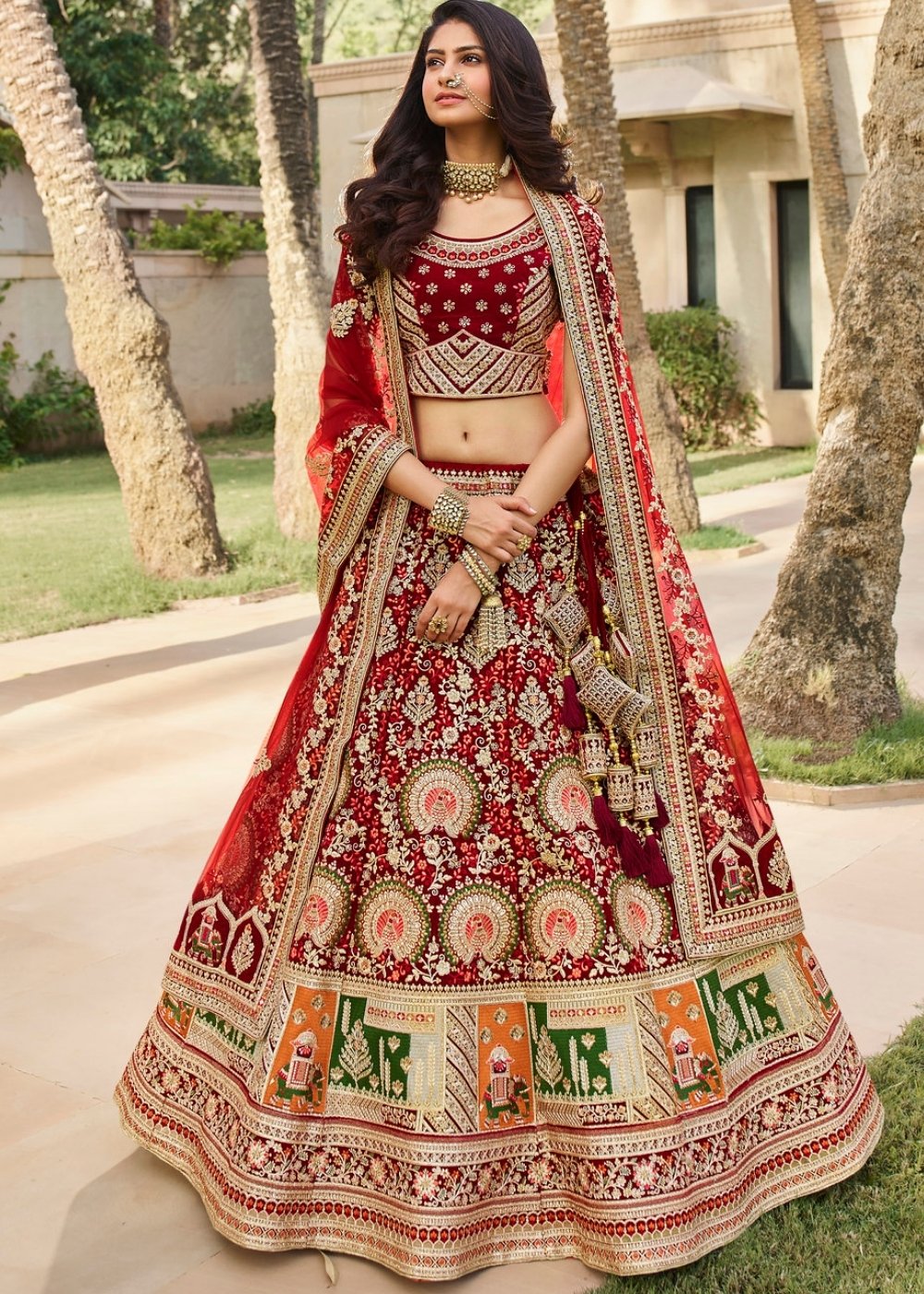 Mahagony Red Velvet Lehenga Choli with Heavy Embroidery Work