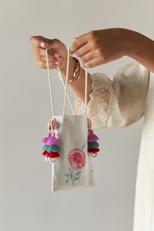 Small Fabric Pouch / Mobile Bag With Beautiful Tassel Detailing