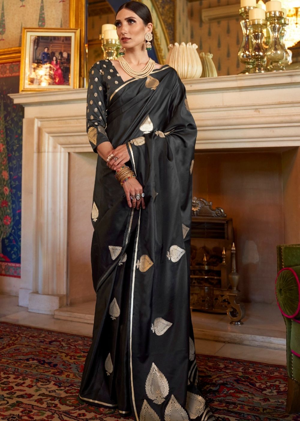 Midnight Black Zari Butta Woven Banarasi Silk Saree : Top Pick