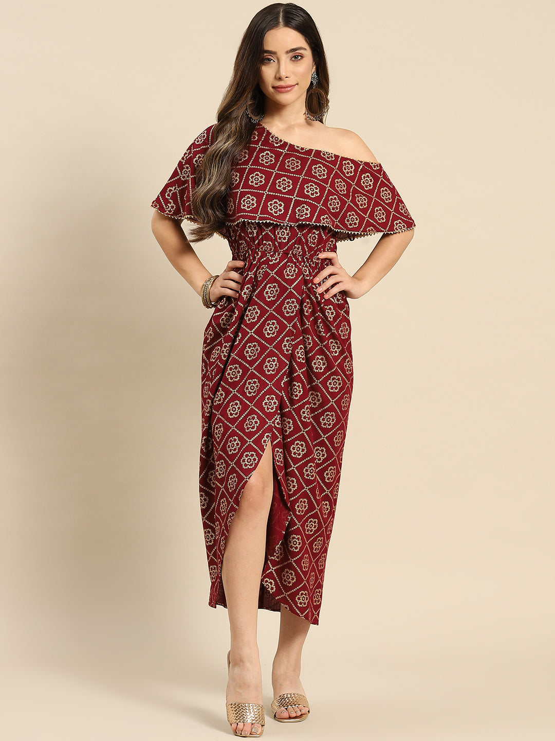 One Shoulder yoke overlap printed dress